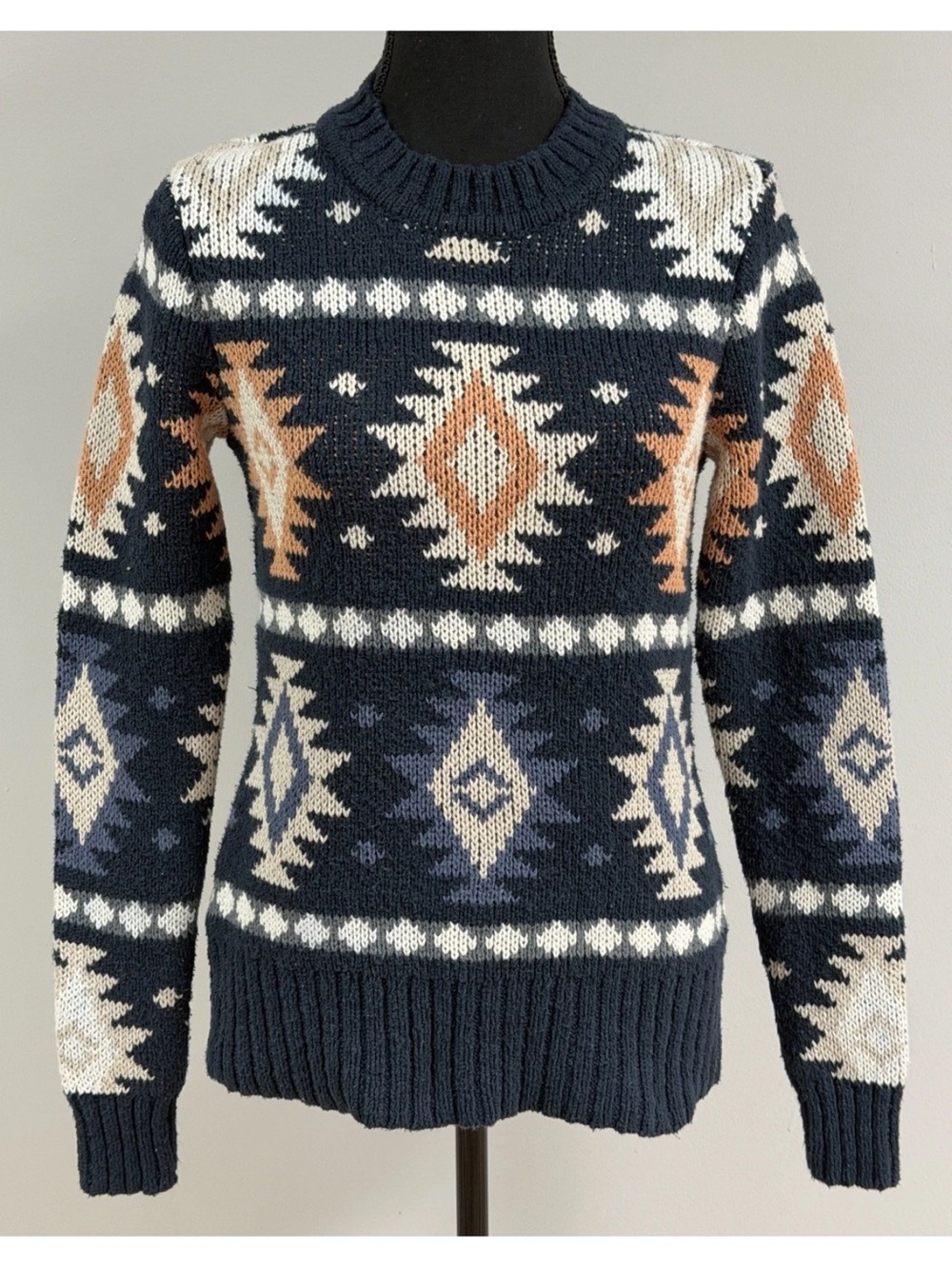 L.L. Bean Fair Lisle Geometric Pattern Navy Blue Women’s Sweater Size XS